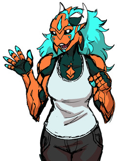 clothing female gesture hair long_hair sharp_teeth shirt solo tank_top teeth topwear waving zimakum alien armorder humanoid colored_sketch hi_res sketch