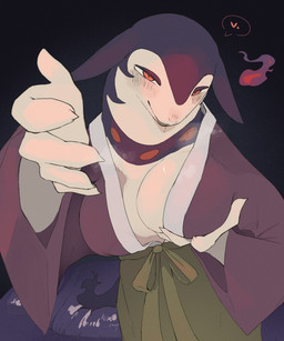 anthro asian_clothing blush blush_lines breasts clothing colored_fire east_asian_clothing female fire fur heart_symbol holding_breast japanese_clothing kimono looking_at_viewer open_mouth open_smile pokemorph purple_body purple_fire purple_fur red_eyes seductive smile solo tan_body tan_fur sme4 nintendo pokemon generation_8_pokemon hisuian_form hisuian_typhlosion pokemon_(species) regional_form_(pokemon) 2026 hi_res