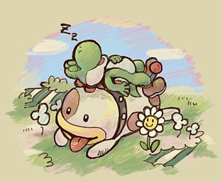 ambiguous_gender brown_clothing brown_footwear brown_shoes clothing collar flower footwear green_body plant shoes sleeping tongue tongue_out rfufvas3phbxkxa mario_bros nintendo poochy canid canine canis domestic_dog green_yoshi mammal yoshi