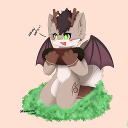 anthro antlers catapiller feral fur gondal_1 gondal_series grey_body grey_fur holding_catapiller holding_worm horn male markings pyrrharctia_isabella solo wings wooly_bear aro_karatsu foxyowo bat canid canine deer fox hybrid mammal worm 1:1 absurd_res hi_res