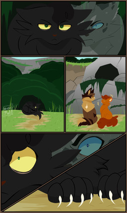 ambiguous_gender angry black_body black_fur blue_eyes blue_sclera brown_body brown_fur cave claws duo feral fur grass green_eyes grey_body grey_fur grey_markings hunched_over lying markings moss orange_body orange_eyes orange_fur outside plant possession red_nose solo spots spotted_markings star tail yellow_sclera 11oaksfall11 warriors_(book_series) ashfur_(thunderclan) brambleclaw_(warriors) hollyleaf_(warriors) squirrelstar_(warriors) domestic_cat felid feline felis mammal comic hi_res