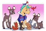 blush clothing costume dress feral group male sitting turquoise_hair doodlemark hasbro mlp_g5 my_little_pony snow_white_and_the_seven_dwarfs hitch_trailblazer_(mlp) avian bird deer lagomorph leporid mammal rabbit rodent sciurid tree_squirrel 2021 absurd_res hi_res