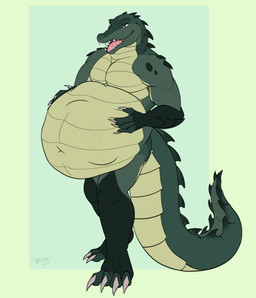abdominal_bulge anthro belly big_belly green_body hand_on_belly male male_pred pecs same_size_vore solo struggling struggling_prey vore g3xa alligator alligatorid crocodilian reptile scalie 2d_animation animated animated_gif motion_tweening short_playtime