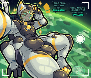 anthro armor balls_outline blue_eyes bulge clothed clothing detailed_bulge earth feet femboy floating fur genital_outline genitals gesture greeting hair headgear helmet looking_at_viewer male multi_arm multi_eye multi_limb open_mouth pawpads paws penis penis_outline planet salute selfie smile solo space spacesuit text toes nagifur webber_(nagifur) alien arachnid arthropod felid mammal spider digital_media_(artwork) english_text