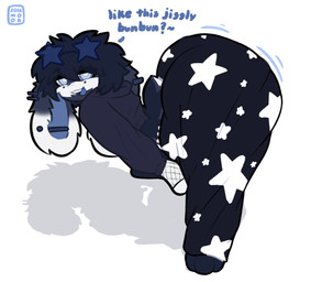 ambiguous_gender anthro armwear barbell_piercing bent_over big_butt black_body black_fur buckteeth butt butt_jiggle clothing dialogue ear_piercing eyewear eyewear_on_head fishnet_armwear fishnet_clothing fur glasses glasses_on_head hoodie huge_butt jiggling looking_at_viewer multicolored_body multicolored_fur pajama_pants piercing shadow solo star_glasses star_pattern tail teeth text tilde_after_text topwear white_body white_fur mookkzhy lagomorph leporid mammal rabbit 2026 character_request english_text hi_res male_(lore)