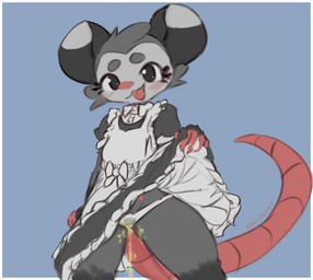 anthro belly_nipples blush blush_lines bodily_fluids camel_toe clothed clothing clothing_lift female genital_fluids maid_uniform panties solo tongue tongue_out toony underwear uniform urine watersports wetting chaosferret lupo_(lupopossum) american_opossum mammal marsupial virginia_opossum hi_res