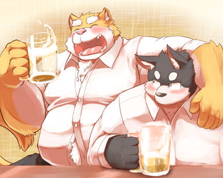 alcohol anthro beer belly beverage blush clothing duo eyes_closed humanoid_hands male overweight overweight_male pink_nose shirt topwear mitei mti777 canid canine mammal 2015 5:4
