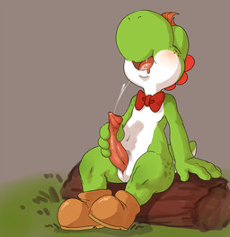 animal_genitalia anthro big_penis biped blush bodily_fluids bow_(feature) bow_tie clothing cum cum_in_mouth cum_in_own_mouth cum_in_self cum_inside cum_on_self cumshot drooling ejaculation erection eyes_closed footwear freckles genital_fluids genital_slit genitals hair log male masturbation open_mouth orgasm penile penile_masturbation penis saliva shoes sitting smile solo wood japanda mario_bros nintendo green_yoshi scalie yoshi 2015 hi_res