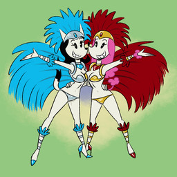 armwear black_hair bra bracelet clothing duo female footwear fur golden_clothing grey_bra grey_clothing grey_panties grey_underwear hair hand_on_hip happy headdress headgear headwear high_heels jewelry looking_at_viewer panties pink_hair pink_tail pose raised_arm samba samba_outfit shoes silver_clothing smile tail underwear white_body white_fur yellow_bra yellow_clothing yellow_panties yellow_underwear carelessdoodler disney mickey_mouse_shorts unnamed_character canid canine canis domestic_dog mammal poodle 1:1 2018 digital_media_(artwork)