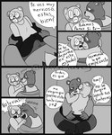 anthro blush bottomwear bulge clothing dialogue duo eyes_closed eyewear glasses hug male male/male pants shirt sitting slightly_chubby text topwear axismarcy unicorn_wars padre_(unicorn_wars) sargento_caricias bear mammal 2023 absurd_res comic hi_res monochrome spanish_text translated