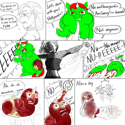 1_horn abuse ambiguous_gender amputee anal anal_penetration angry animal_abuse bandage blood bloodshot_eyes bodily_fluids body_wraps bone bound broken_horn clenched_teeth clothed clothed_human clothing cross-popping_vein crying dialogue disability disembowelment dismemberment empty_eye_sockets exposed_muscle eye_gouge feces_tube female female_human feral fishnet_clothing flayed fur gesture gore green_body green_fur grey_hooves guts hair hand_gesture hooves horn intestines looking_at_another mask medical_instrument missing_all_legs missing_ear mutilation nightmare_fuel open_mouth organs oxygen_mask pain penetration pointing pointing_at_another red_eyes red_hair red_tail scientific_instrument screaming severed_body_part severed_leg severed_limb skinning slit_(wound) stuck_together suffering surgical_suture tail tears teeth text torture tube violence white_horn young young_ambiguous young_feral yellowcottoncandy030 fluffy_pony fluffy_pony_(species) human mammal 1:1 2025 comic digital_media_(artwork) english_text hi_res partially_colored