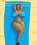 anthro beach big_breasts bikini breasts clothing eyewear female glasses hooves horn looking_at_viewer seaside solo swimwear towel two-piece_swimsuit ber00 skullman777 third-party_edit shelly_(skullman_777) bovid caprine goat mammal 5:6 absurd_res colored hi_res