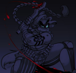 anthro arm_tattoo armor blood bodily_fluids braided_hair ear_piercing female female_anthro fur hair holding_melee_weapon holding_object holding_pipe holding_weapon license_plate license_plate_buckle melee_weapon metal_pipe muscular muscular_anthro muscular_female piercing reverse_bear_trap solo tattoo weapon toxicsoul77 goretober saw_(movie) sawsha_(toxicsoul77) hyena mammal werecreature werehyena 2024 absurd_res digital_media_(artwork) english_description hi_res restricted_palette