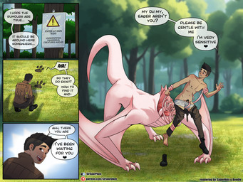 aroused black_hair clothed clothing consensual_transformation dialogue duo female feral forest gender_transformation genitals hair happy lifting_up male merging mtg_transformation mti_transformation nipples nude parasite penis pink_body pink_scales plant restrained_arms restrained_legs scales tentacles text transformation tree warning_sign warning_symbol winged_arms wings sirsourplum mythology dragon human mammal mythological_creature mythological_scalie scalie taur 4:3 absurd_res colored comic english_text hi_res