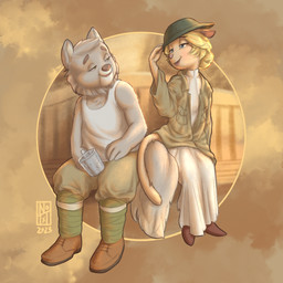 anthro armor beverage blonde_hair blue_eyes brown_eyes clothed clothing container crossdressing cup duo entwined_tails female fluffy fluffy_tail fur grey_body grey_fur hair headgear helmet holding_object looking_at_another male male/female military_clothing military_hat military_uniform nurse_clothing oversized_clothing shirt sitting tail tail_coil tan_body tan_fur tank_top tipping_hat topwear uniform world_war_1 notxtwhiledrive lackadaisy bobby_bastion elsa_bastion domestic_cat felid feline felis mammal 1:1 2023 hi_res warm_colors