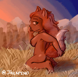 areola bedroom_eyes breasts butt dark_body dark_skin female green_eyes hair looking_at_viewer looking_back narrowed_eyes nipples nude outside raised_tail red_hair seductive side_view sitting solo sunset tail jailapeno mythology terraria zoologist_(terraria) animal_humanoid canid canid_humanoid canine canine_humanoid fox fox_humanoid humanoid mammal mammal_humanoid mythological_canine mythological_creature werecanid werecanine werecreature werefox werewolf absurd_res hi_res