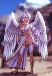 angel angel_humanoid balls breasts cleavage clothed clothing digital_media_(artwork) erection feathered_wings feathers genitals gynomorph hair humanoid humanoid_genitalia humanoid_penis humanoid_pointy_ears intersex legwear long_hair looking_at_viewer mammal not_furry penis personalami shaded solo thigh_highs white_hair winged_humanoid wings