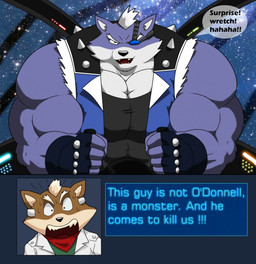 anthro big_muscles brown_body brown_fur clothed clothing duo fingerless_gloves fur gloves handwear male multicolored_body multicolored_fur muscular muscular_anthro muscular_male open_mouth sky space spacecraft star starry_sky text two_tone_body two_tone_fur vehicle xxsparcoxx nintendo star_fox fox_mccloud wolf_o'donnell canid canine canis fox mammal wolf 2015 digital_media_(artwork) english_text hi_res