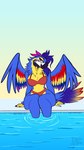 anthro beak bikini bikini_bottom bikini_top clothing feathers female looking_at_viewer pool solo swimwear tail two-piece_swimsuit wide_hips wings hungrycrow avian bird macaw neotropical_parrot parrot true_parrot hi_res