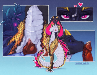 anthro areola belly big_breasts black_body black_scales bodily_fluids breasts candle claws clitoris close-up cum cum_on_face detailed_background duo erection eyelashes eyes_closed female female_penetrated fin fin_frill frill_(anatomy) genital_fluids genitals gold_scales horn kissing knot letter looking_at_viewer male male/female male_penetrating male_penetrating_female navel nipples non-mammal_breasts nude oral penetration penis penis_kissing pink_eyes plant red_penis scales sex snake_hood spikes tail vaginal vaginal_fluids vaginal_penetration vulva white_belly wanderertamplior european_mythology mythology cobra dragon mythological_creature mythological_scalie reptile scalie snake western_dragon colored comic digital_drawing_(artwork) digital_media_(artwork) hi_res shaded