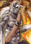 abs anthro biceps claws clothed clothing fire grin looking_at_viewer male muscular muscular_anthro muscular_male pecs smile solo mrease slightly_damned iratu_elexion canid canine canis demon mammal wolf painting_(artwork) traditional_media_(artwork) watercolor_(artwork)