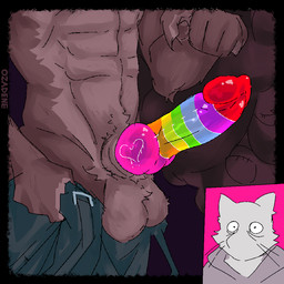 abs animal_genitalia anthro balls big_muscles big_penis body_writing bottomwear bottomwear_down carnival_game cheek_spots clothed clothing clown_makeup duo erection genitals gesture graded_penis hand_gesture hat headgear headwear knot male male/male male_anthro multicolored_penis muscular muscular_anthro muscular_male obliques pants pants_down partially_clothed partially_clothed_anthro partially_clothed_male penis plushie pointing pointing_at_penis rainbow_penis sheath speech_bubble suspenders text writing_on_genitals writing_on_penis ozadene canid canine domestic_cat felid feline felis mammal 1:1