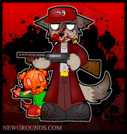 alternate_species anthro blood bodily_fluids cigar drugs frown gesture marijuana pink_sclera smile smoking substance_intoxication text waving picosschool_(artist) assassin_(newgrounds) newgrounds pico_(series) pico_(newgrounds) shotgun_man canid canine canis domestic_dog mammal wolf url