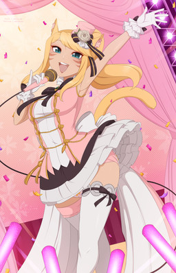 clean_diaper clothed clothing confetti diaper dress electronics feline_ears female legwear microphone popstar singer solo stage stockings wearing_diaper merunyaa felid feline mammal hi_res