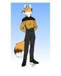 anthro blonde_hair blue_eyes clothed clothing dipstick_tail ears_up fur hair hands_behind_back looking_aside male markings orange_body orange_fur solo tail tail_markings whiskers white_body white_fur bartek22 star_trek chris_the_fox_(bartek22) canid canine fox mammal 2024 absurd_res hi_res