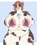 after_transformation anthro big_breasts blue_eyes blush bodily_fluids bovid bovine breasts brown_hair brown_spots carton cattle clothing female fingers hair hi_res hooved_fingers hooves huge_breasts lactating lactating_through_clothing mammal milk milk_carton mrs._turner nickelodeon overweight overweight_anthro overweight_female purple_clothing purple_swimwear solo spots swimwear the_fairly_oddparents timmy's_mom unknown_artist wet wet_clothing