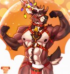 abs abstract_background anthro bell bell_collar bridle christmas_clothing christmas_lights clothed clothing collar flexing harness holidays jockstrap looking_at_viewer male muscular muscular_male pecs pose reins skimpy solo underwear ryanyeen christmas deer mammal new_world_deer reindeer hi_res