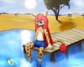 african anthro beach biped bottomwear clothing cloud detailed_background fur hair horn male ossicone outside pier plant purple_eyes red_hair sand seaside shorts sitting sky smile solo sun tan_body tan_fur tree water yellow_body yellow_fur jamesfoxbr aquatic fish giraffe giraffid mammal 2013 5:4 colored digital_media_(artwork) shaded