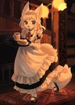 :3 anthro beverage big_tail biped black_clothing black_footwear black_shoes blush bow_(feature) bow_accessory bow_ribbon brown_eyes cake clothed clothing coffee coffee_mug collar colored cute_fangs dessert detailed_background digital_media_(artwork) domestic_cat dress felid feline felis female female_anthro fingers fluffy fluffy_tail food footwear front_view full-length_portrait fully_clothed fur gomafuto hair hi_res holding_object holding_tray humanoid_hands inside kemono lamp light lighting looking_at_viewer maid_headdress maid_uniform mammal mary_janes monotone_body monotone_fur monotone_hair monotone_tail open_:3 open_mouth open_smile plate portrait pupils red_bow red_ribbon servant serving_tray shaded shoes slit_pupils smile solo stairs standing tail three-quarter_view uniform warm_colors white_body white_clothing white_dress white_ears white_fur white_hair white_inner_ear white_tail