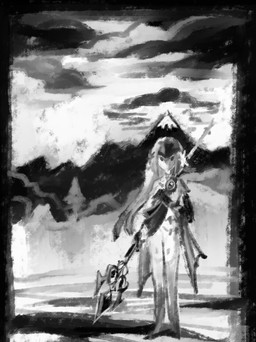 anthro black_border border clothing cloud detailed_background female fin headgear headwear jewelry melee_weapon mountain multicolored_body polearm sash solo trident two_tone_body weapon bracketsxxx breath_of_the_wild nintendo the_legend_of_zelda mipha aquatic fish zora clip_studio_paint_(artwork) digital_media_(artwork) digital_painting_(artwork) greyscale monochrome painting_(artwork)