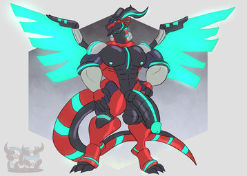anthro balls big_penis black_arms black_body black_horn black_legs black_penis black_tail black_wings genitals glowing glowing_wings horn machine male multicolored_body multicolored_tail multicolored_wings muscular muscular_anthro muscular_male nipples nude penis pose red_body red_legs red_tail solo standing tail thick_thighs wings daikuhiroshiama mythology yu-gi-oh! borreload_dragon dragon humanoid mythological_creature mythological_scalie robot scalie absurd_res full-length_portrait hi_res portrait