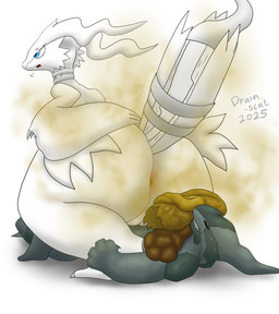 anthro anus black_body blue_eyes butt disgusted_face duo eyes_closed feces feces_on_body feces_pile female fur genitals lying male male/female nude pooping pooping_on_another scatplay simple_background sitting sitting_on_another smelly vulva white_background white_body white_fur drain_scat nintendo pokemon generation_5_pokemon legendary_pokemon pokemon_(species) reshiram zekrom hi_res