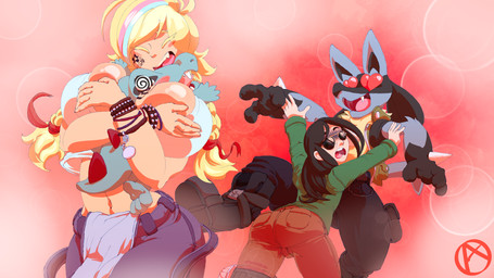 arm_grab between_breasts big_breasts black_hair blonde_hair breasts clothing eyes_closed female fur group hair heart_eyes heart_symbol holding_back hug interspecies male open_mouth pokephilia atokitsune nintendo pokemon generation_2_pokemon generation_4_pokemon human lucario mammal pokemon_(species) totodile 16:9 4k absurd_res digital_media_(artwork) hi_res widescreen