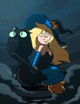 alternate_color alternate_costume ambiguous_gender black_body black_fur blonde_hair broom broom_riding cleaning_tool clothing dot_eyes duo female feral footwear fur hair hat headgear headwear magic_user night shoes simple_eyes sitting smile toony witch witch_hat discount-supervillain adventure_time cartoon_network fionna_and_cake cake_the_cat fionna_the_human domestic_cat felid feline felis human mammal hi_res