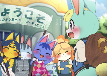 ^_^ accessory anthro bangs biped blonde_hair blue_body blue_eyes blue_fur blush blush_lines blush_stickers bottomless checkered checkered_clothing checkered_topwear clipboard clothed clothing dipstick_ears dress ear_markings egyptian eyelashes eyes_closed facial_markings female female_anthro fur gesture gloves_(marking) green_body green_fur grey_eyes group hair head_markings headgear holding_clipboard holding_object jacket kalasiris letterman_jacket long_eyelashes makeup male male_anthro markings mascara multicolored_body multicolored_ears multicolored_fur muzzle_(marking) open_mouth open_smile parted_bangs pattern_clothing pattern_topwear shirt sign smile striped_markings striped_tail stripes sweater sweater_vest tail tail_markings tied_hair tongue topwear uraeus usekh vest wave waving white_body white_clothing white_fur white_shirt white_topwear yellow_body yellow_fur dagasi animal_crossing nintendo ankha_(animal_crossing) isabelle_(animal_crossing) lolly_(animal_crossing) rosie_(animal_crossing) sasha_(animal_crossing) canid canine canis domestic_cat domestic_dog felid feline felis lagomorph leporid mammal rabbit 2026 hi_res japanese_description