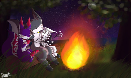 ambiguous_gender anthro camp campfire candy dessert detailed_background fire food galaxy grass group lake leaf log marshmallow night plant rubbing_head sky star stick tongue tree wood senz nintendo pokemon marvin_(exrai) sean_(senz) canid canine canis eeveelution generation_4_pokemon glaceon iradeon mammal pokemon_(species) wolf 2016 5:3 hi_res