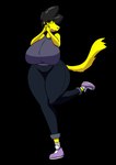 anthro big_breasts black_hair bottomwear breasts clothing female footwear hair huge_breasts pants shirt shoes solo tail topwear yellow_body kuge piku_(kuge) mammal purgatorius hi_res