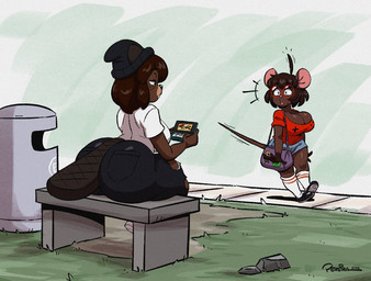 anthro big_butt biped bottomwear breasts brown_body brown_hair butt cleavage clothed clothed_anthro clothed_female clothing duo eyewear female female_anthro footwear glasses hair holding_console huge_butt outside red_eyewear red_glasses round_glasses shoes sitting tail thick_thighs topwear wearing_glasses joaoppereiraus gwen_geek nintendo nintendo_3ds nintendo_ds_family beatrix_woodland gwen_martin beaver mammal mouse murid murine rodent