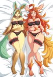 aljuneart anthro bed bed_sheet bedding bedding_background bra clothing duo eeveelution female furniture generation_4_pokemon hi_res leafeon lingerie looking_at_viewer nintendo paws pokemon pokemon_(species) underwear