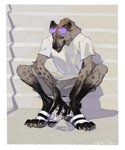 4_toes anthro beverage bottomwear claws clothed clothing crouching eyewear eyewear_on_head feet footwear hi_res hyena male mammal mucknagabe sandals shorts solo spotted_hyena sunglasses sunglasses_on_head teeth toe_claws toes