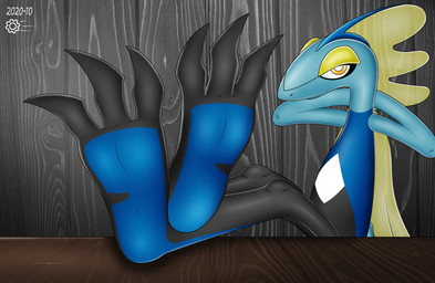 anthro feet foot_focus furniture inside male sitting solo table the-cog nintendo pokemon generation_8_pokemon inteleon pokemon_(species) absurd_res hi_res