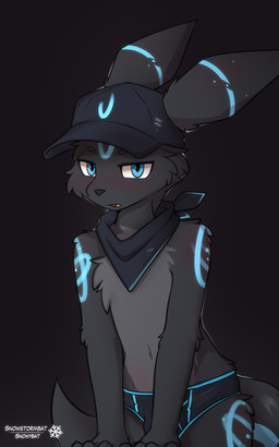 anthro baseball_cap black_body black_briefs black_clothing black_fur black_underwear blue_eyes blue_seam_briefs blue_seam_underwear blush briefs bulge clothed clothing colored_seam_underwear fur furgonomic_hat furgonomic_headwear furgonomics hat headgear headwear kerchief looking_at_viewer male multicolored_body multicolored_fur navel neckerchief neckwear pantsless slim_male solo tail two_tone_body two_tone_fur underwear snowybark nintendo pokemon orby_(snowstormbat) eeveelution generation_2_pokemon pokemon_(species) umbreon 2026 5:8 absurd_res hi_res
