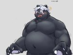 anthro belly big_belly black_body black_nose blue_eyes blush hair humanoid_hands kemono male overweight overweight_male simple_background solo white_hair rotsw vtuber kokuba_hoeguro canid canine mammal 2022 hi_res