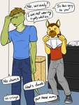 >:3 anthro bottomwear briefs clothed clothing dialogue duo facepalm footwear fully_clothed holding_clothing holding_object holding_underwear male pants shirt shoes t-shirt tank_top text tighty_whities topwear underwear white_briefs white_clothing white_underwear fuze fuzeyeen gabriel_(fuze) alligator alligatorid crocodilian hyena mammal reptile scalie spotted_hyena 3:4 english_text hi_res