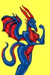 anthro blue_body blue_skin breasts female horn looking_at_viewer membrane_(anatomy) membranous_wings non-mammal_breasts nude simple_background solo tail wings yellow_background dzemon zhmernalt mythology dragon mythological_creature mythological_scalie scalie 2011