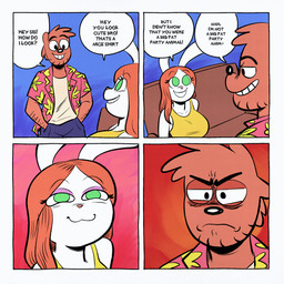 angry anthro beard breasts brown_body brown_fur brown_hair dialogue duo facial_hair female fur green_eyes hair hand_in_pocket male pockets simple_background sitting smile smug text white_body elnikochoro bear lagomorph leporid mammal rabbit 2025 comic digital_media_(artwork) english_text hi_res